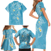 Polynesia Tribal Family Matching Short Sleeve Bodycon Dress and Hawaiian Shirt Turquoise Plumeria Tentacles