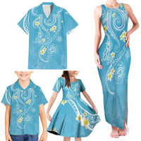Polynesia Tribal Family Matching Tank Maxi Dress and Hawaiian Shirt Turquoise Plumeria Tentacles