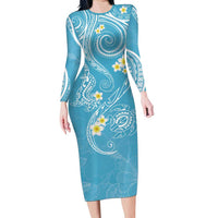 Polynesia Tribal Long Sleeve Bodycon Dress Turquoise Plumeria Tentacles LT7 Long Dress Turquoise - Polynesian Pride