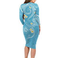 Polynesia Tribal Long Sleeve Bodycon Dress Turquoise Plumeria Tentacles LT7 - Polynesian Pride