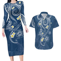 Polynesia Tribal Couples Matching Long Sleeve Bodycon Dress and Hawaiian Shirt Deep Blue Plumeria Tentacles LT7 Blue - Polynesian Pride