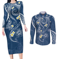 Polynesia Tribal Couples Matching Long Sleeve Bodycon Dress and Long Sleeve Button Shirt Deep Blue Plumeria Tentacles LT7 Blue - Polynesian Pride