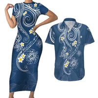 Polynesia Tribal Couples Matching Short Sleeve Bodycon Dress and Hawaiian Shirt Deep Blue Plumeria Tentacles LT7 Blue - Polynesian Pride