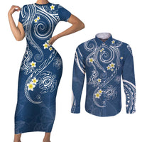 Polynesia Tribal Couples Matching Short Sleeve Bodycon Dress and Long Sleeve Button Shirt Deep Blue Plumeria Tentacles LT7 Blue - Polynesian Pride