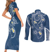 Polynesia Tribal Couples Matching Short Sleeve Bodycon Dress and Long Sleeve Button Shirt Deep Blue Plumeria Tentacles LT7 - Polynesian Pride