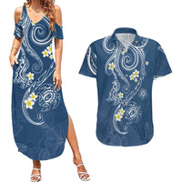 Polynesia Tribal Couples Matching Summer Maxi Dress and Hawaiian Shirt Deep Blue Plumeria Tentacles LT7 Blue - Polynesian Pride
