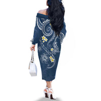 Polynesia Tribal Family Matching Off The Shoulder Long Sleeve Dress and Hawaiian Shirt Deep Blue Plumeria Tentacles