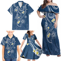 Polynesia Tribal Family Matching Off Shoulder Maxi Dress and Hawaiian Shirt Deep Blue Plumeria Tentacles