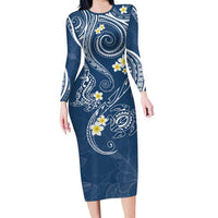 Polynesia Tribal Long Sleeve Bodycon Dress Deep Blue Plumeria Tentacles LT7 Long Dress Blue - Polynesian Pride