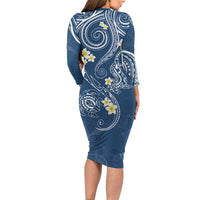 Polynesia Tribal Long Sleeve Bodycon Dress Deep Blue Plumeria Tentacles LT7 - Polynesian Pride