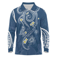 Polynesia Tribal Long Sleeve Polo Shirt Deep Blue Plumeria Tentacles