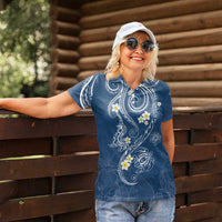 Polynesia Tribal Women Polo Shirt Deep Blue Plumeria Tentacles