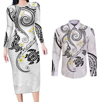 Polynesia Tribal Couples Matching Long Sleeve Bodycon Dress and Long Sleeve Button Shirt White Plumeria Tentacles LT7 White - Polynesian Pride