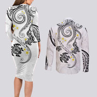 Polynesia Tribal Couples Matching Long Sleeve Bodycon Dress and Long Sleeve Button Shirt White Plumeria Tentacles LT7 - Polynesian Pride