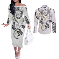 Polynesia Tribal Couples Matching Off The Shoulder Long Sleeve Dress and Long Sleeve Button Shirt White Plumeria Tentacles LT7 White - Polynesian Pride