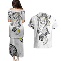 Polynesia Tribal Couples Matching Puletasi and Hawaiian Shirt White Plumeria Tentacles LT7 - Polynesian Pride