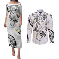 Polynesia Tribal Couples Matching Puletasi and Long Sleeve Button Shirt White Plumeria Tentacles