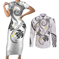 Polynesia Tribal Couples Matching Short Sleeve Bodycon Dress and Long Sleeve Button Shirt White Plumeria Tentacles LT7 White - Polynesian Pride