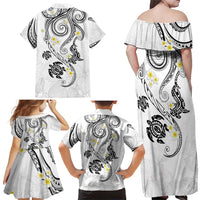 Polynesia Tribal Family Matching Off Shoulder Maxi Dress and Hawaiian Shirt White Plumeria Tentacles