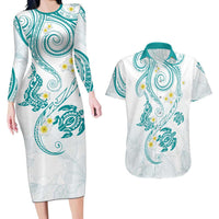 Polynesia Tribal Couples Matching Long Sleeve Bodycon Dress and Hawaiian Shirt Teal Plumeria Tentacles LT7 Teal - Polynesian Pride