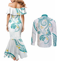 Polynesia Tribal Couples Matching Mermaid Dress and Long Sleeve Button Shirt Teal Plumeria Tentacles LT7 - Polynesian Pride