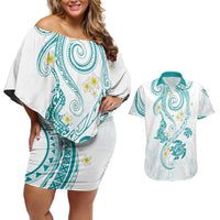 Polynesia Tribal Couples Matching Off Shoulder Short Dress and Hawaiian Shirt Teal Plumeria Tentacles LT7 Teal - Polynesian Pride