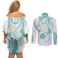 Polynesia Tribal Couples Matching Off Shoulder Short Dress and Long Sleeve Button Shirt Teal Plumeria Tentacles LT7 - Polynesian Pride