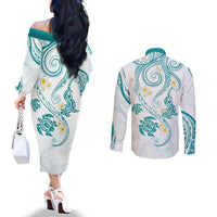 Polynesia Tribal Couples Matching Off The Shoulder Long Sleeve Dress and Long Sleeve Button Shirt Teal Plumeria Tentacles LT7 - Polynesian Pride