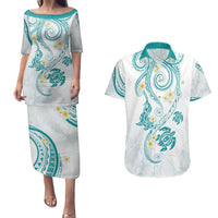 Polynesia Tribal Couples Matching Puletasi and Hawaiian Shirt Teal Plumeria Tentacles LT7 Teal - Polynesian Pride
