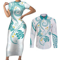Polynesia Tribal Couples Matching Short Sleeve Bodycon Dress and Long Sleeve Button Shirt Teal Plumeria Tentacles LT7 Teal - Polynesian Pride