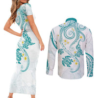 Polynesia Tribal Couples Matching Short Sleeve Bodycon Dress and Long Sleeve Button Shirt Teal Plumeria Tentacles LT7 - Polynesian Pride