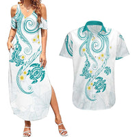 Polynesia Tribal Couples Matching Summer Maxi Dress and Hawaiian Shirt Teal Plumeria Tentacles LT7 Teal - Polynesian Pride