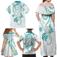 Polynesia Tribal Family Matching Off Shoulder Maxi Dress and Hawaiian Shirt Teal Plumeria Tentacles