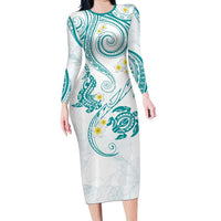 Polynesia Tribal Long Sleeve Bodycon Dress Teal Plumeria Tentacles LT7 Long Dress Teal - Polynesian Pride