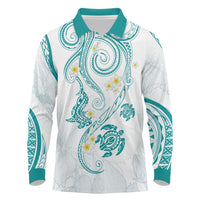 Polynesia Tribal Long Sleeve Polo Shirt Teal Plumeria Tentacles