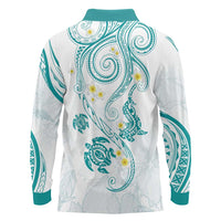 Polynesia Tribal Long Sleeve Polo Shirt Teal Plumeria Tentacles