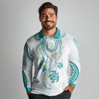 Polynesia Tribal Long Sleeve Polo Shirt Teal Plumeria Tentacles