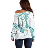 Polynesia Tribal Off Shoulder Sweater Teal Plumeria Tentacles