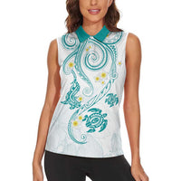 Polynesia Tribal Women Sleeveless Polo Shirt Teal Plumeria Tentacles