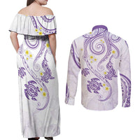 Polynesia Tribal Couples Matching Off Shoulder Maxi Dress and Long Sleeve Button Shirt Lilac Plumeria Tentacles LT7 - Polynesian Pride