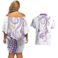 Polynesia Tribal Couples Matching Off Shoulder Short Dress and Hawaiian Shirt Lilac Plumeria Tentacles LT7 - Polynesian Pride