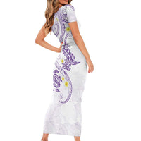 Polynesia Tribal Family Matching Short Sleeve Bodycon Dress and Hawaiian Shirt Lilac Plumeria Tentacles