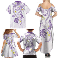 Polynesia Tribal Family Matching Summer Maxi Dress and Hawaiian Shirt Lilac Plumeria Tentacles