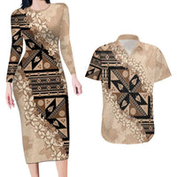 Bula Fiji Plumeria Tagimoucia Salusalu Beige Couples Matching Long Sleeve Bodycon Dress and Hawaiian Shirt Kaiviti Masi - Polynesian Pride