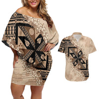 Bula Fiji Plumeria Tagimoucia Salusalu Beige Couples Matching Off Shoulder Short Dress and Hawaiian Shirt Kaiviti Masi - Polynesian Pride