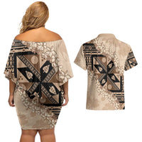 Bula Fiji Plumeria Tagimoucia Salusalu Beige Couples Matching Off Shoulder Short Dress and Hawaiian Shirt Kaiviti Masi - Polynesian Pride