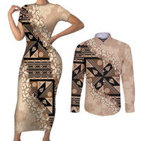 Bula Fiji Plumeria Tagimoucia Salusalu Beige Couples Matching Short Sleeve Bodycon Dress and Long Sleeve Button Shirt Kaiviti Masi - Polynesian Pride