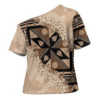 Bula Fiji Plumeria Tagimoucia Salusalu Beige Cross Shoulder Shirt Kaiviti Masi - Polynesian Pride