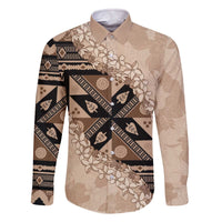 Bula Fiji Plumeria Tagimoucia Salusalu Beige Family Matching Off The Shoulder Long Sleeve Dress and Hawaiian Shirt Kaiviti Masi - Polynesian Pride