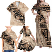 Bula Fiji Plumeria Tagimoucia Salusalu Beige Family Matching Off Shoulder Maxi Dress and Hawaiian Shirt Kaiviti Masi - Polynesian Pride